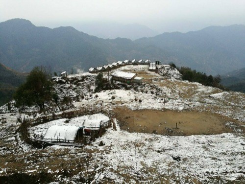 The field site base camp - we surveyed behind the mountains